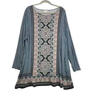 J. Jill Womens 2X Tunic Top Blue Black Paisley Floral Long Sleeve Stretch Rayon